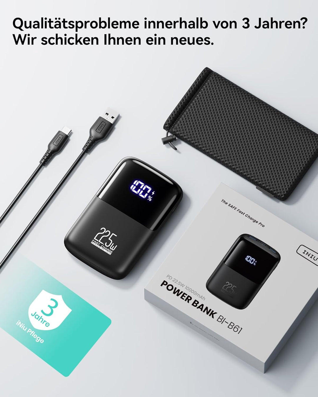 INIU 30W USB C Ladegerät, 2-Pack [USBC + USBA] Schnellladegerät mit Kabel & INIU Power Bank, 22.5W F