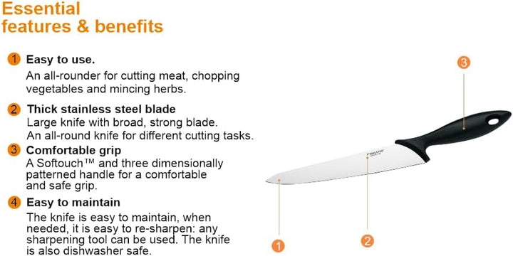 Fiskars Küchenmesser, Klingenlänge: 21 cm, Edelstahl / PP-Kunststoff, Schwarz, Essential, 1023776 St