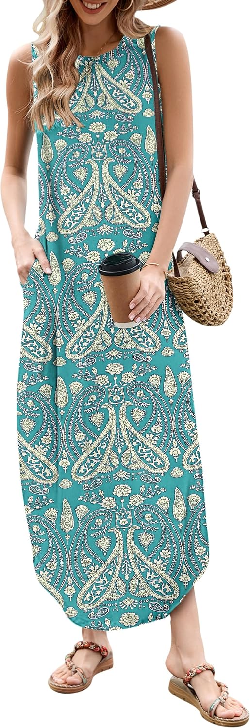 AUSELILY Maxikleider Damen Sommer Ärmellos Strandkleid Lang Kleider S Boho Blumen Grün1, S Boho Blum