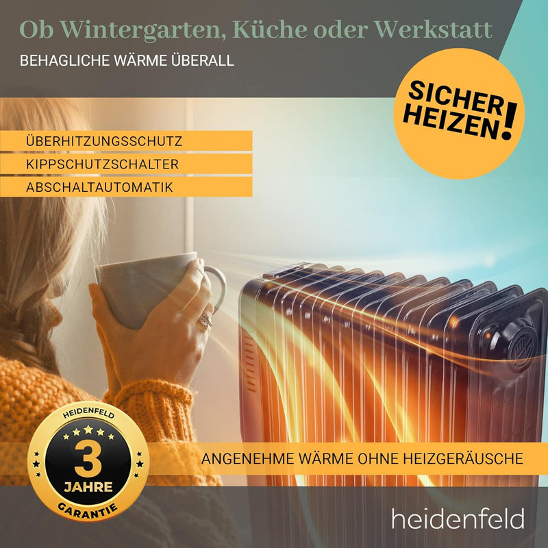 Heidenfeld Ölradiator ÖR100 | 𝟑 𝐉𝐀𝐇𝐑𝐄 𝐆𝐀𝐑𝐀𝐍𝐓𝐈𝐄 - 2500 Watt - Timerfunktion - Energiesparend - Öl Rad