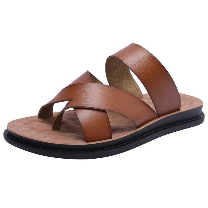 Harssidanzar Herren Sandalen Hausschuhe Cross Straps Slide Slip On Flip Flops für Männer Toe Ring St