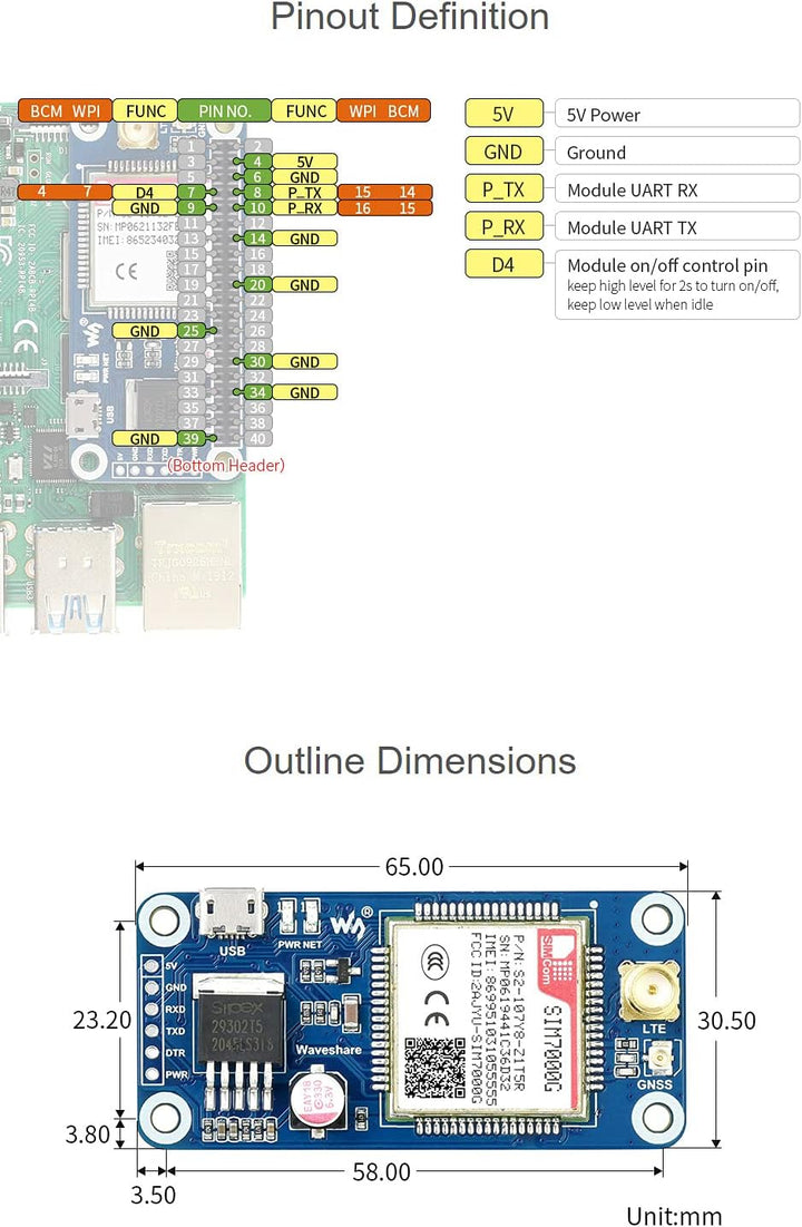 SIM7000G NB-IoT/Cat-M/Edge/GPRS HAT for Raspberry Pi Series, Low Power Narrow Band Cellular IoT Comm