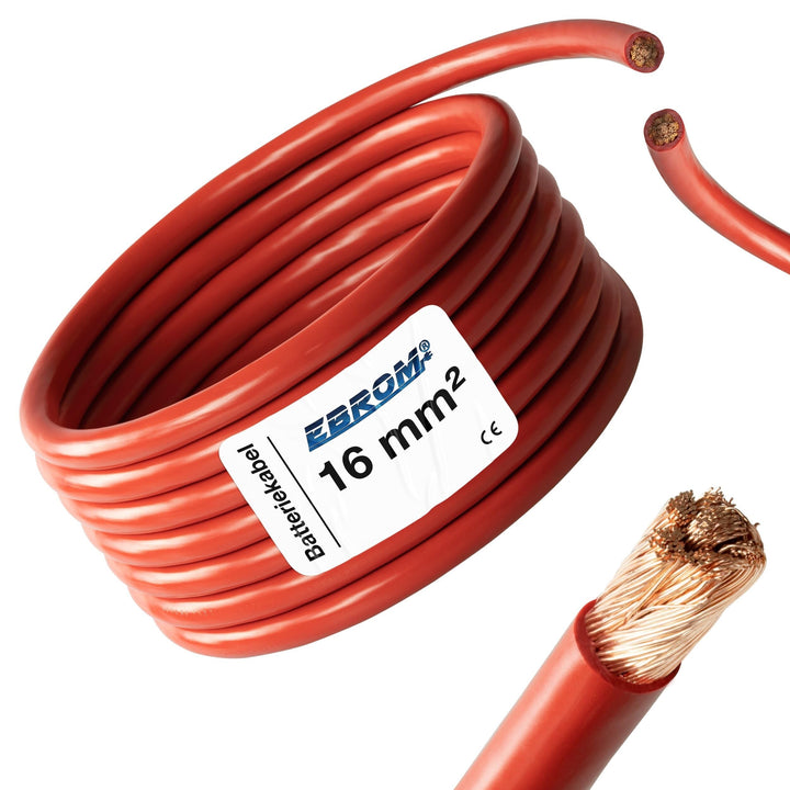 EBROM 3 Meter Batteriekabel ROT H07V-K 16 mm² - Batterie Kabel - 99,9% OFC Kupfer - 3 m (3M) 16mm2