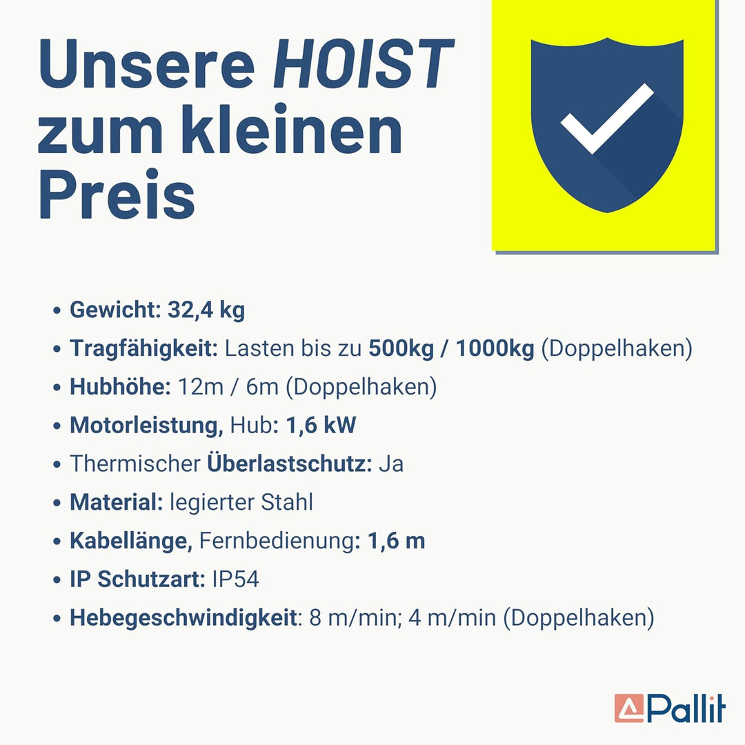 Pallit elektrische Seilwinde HOIST | 500 kg/12 m | 1000 kg/6 m | inkl. Fernbedienung mit 1,6 m Kabel