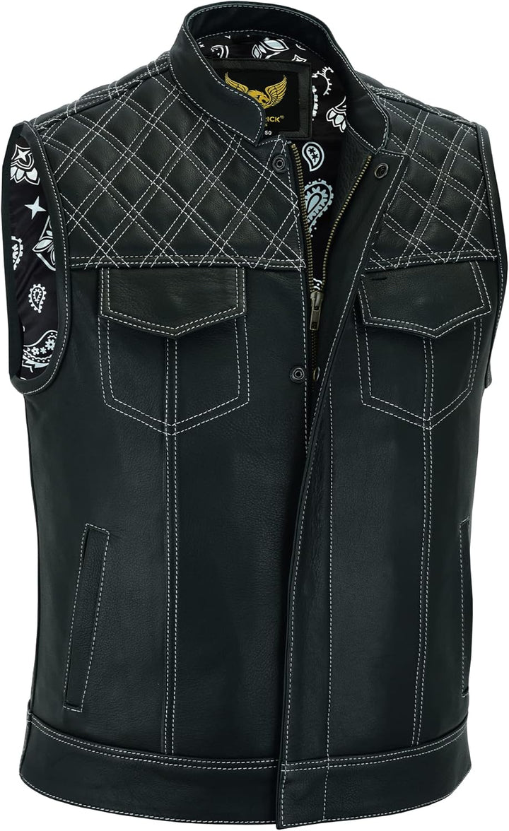 Leatherick Groove Club Schwarze Lederweste Herren - Traditioneller Paisley-Satin-Liner mit weissen R