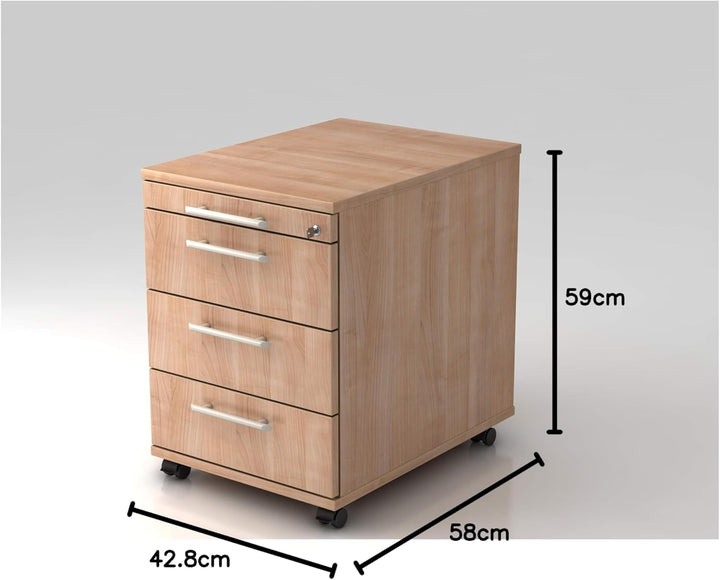 Bümö® Rollcontainer mit 3 Schüben & Schloss | Bürocontainer aus Holz | Tischcontainer mit Rollen | i