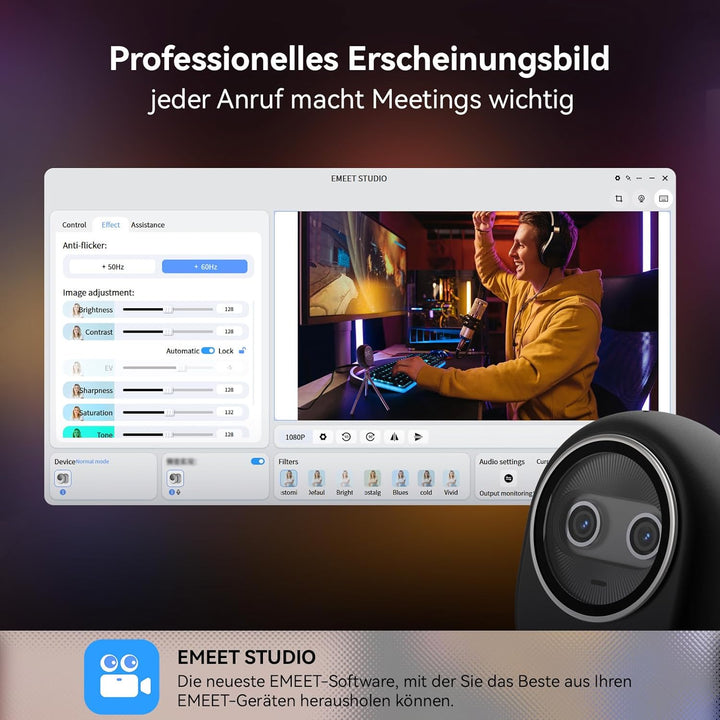EMEET Piko+ Webcam 4K, Weltweit Erste KI-gestützte 4K Webcam mit Dual-Kamera und KI-Autofokus, mit 1