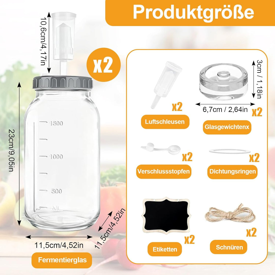Fermentierglas 2 Stück 2L, 64oz Kimchi Behälter mit Luftschleuse und Gewicht, Kefir Glas mit Deckel,