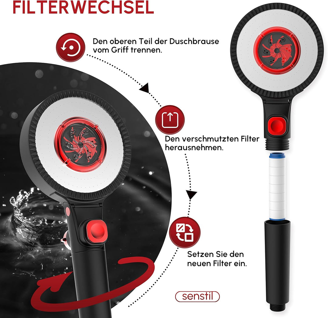 senstil® Double-Face Max Duschkopf mit Duschschlauch 1.6m | bis zu 60% wassersparende Handbrause | 3