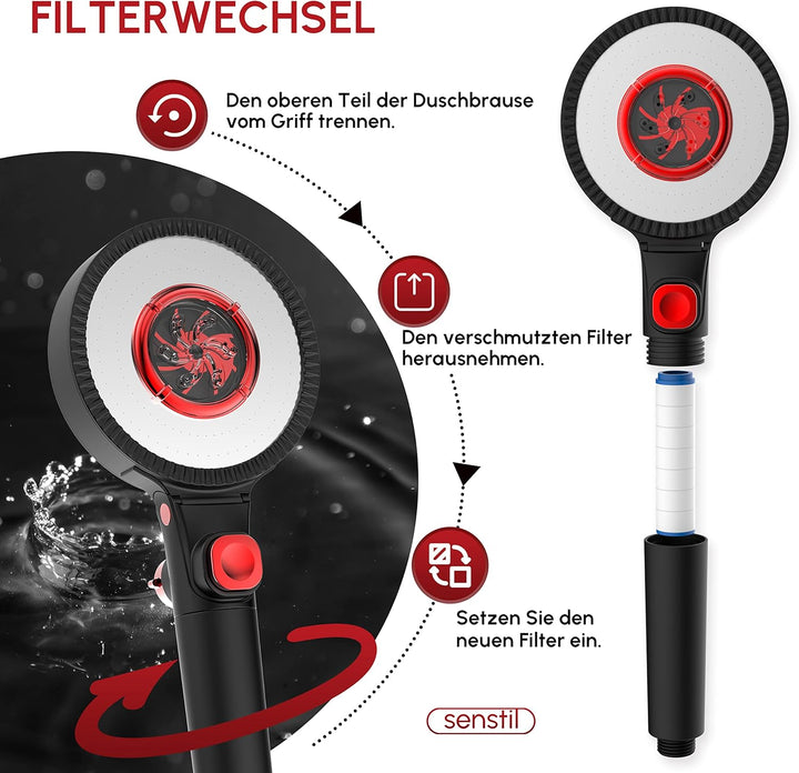 senstil® Double-Face Max Duschkopf mit Duschschlauch 1.6m | bis zu 60% wassersparende Handbrause | 3