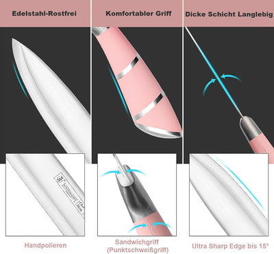9-tlg Messerset mit Drehbare Acryl Messerblock, Rosa Sharp Antihaft Beschichtete Kochmesser Block Se