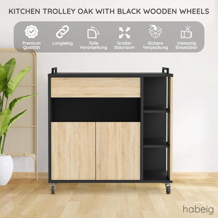 habeig Küchenwagen Küchenschrank Eiche Schwarz mit schwarz Küchentrolley Schublade Holz Rollen Küche