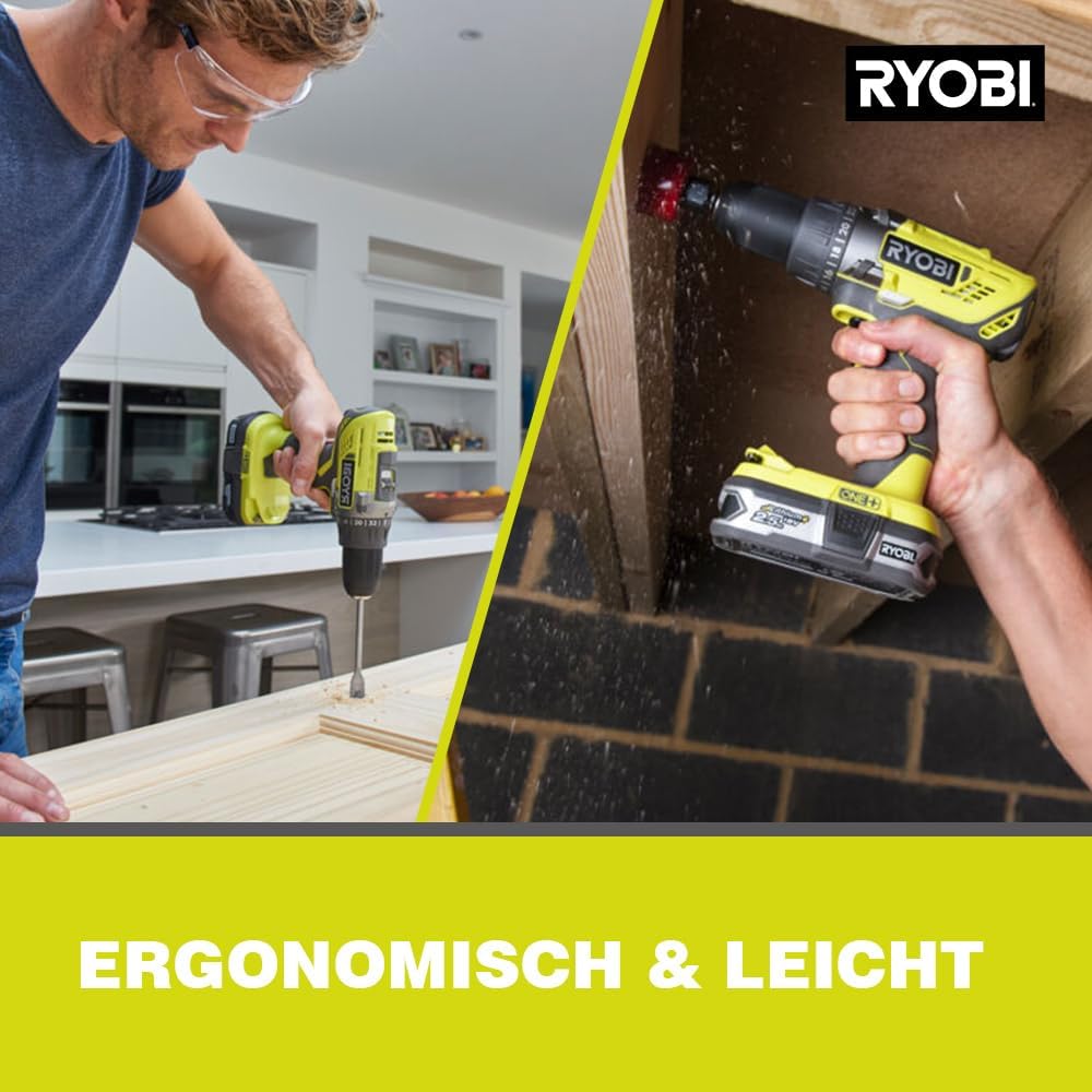 Ryobi, Akku-Bohrschrauber, 18 V, ONE+, 2 Geschwindigkeitsstufen, 50 Nm, Bohrfutter 13 mm, LED, 2 Akk