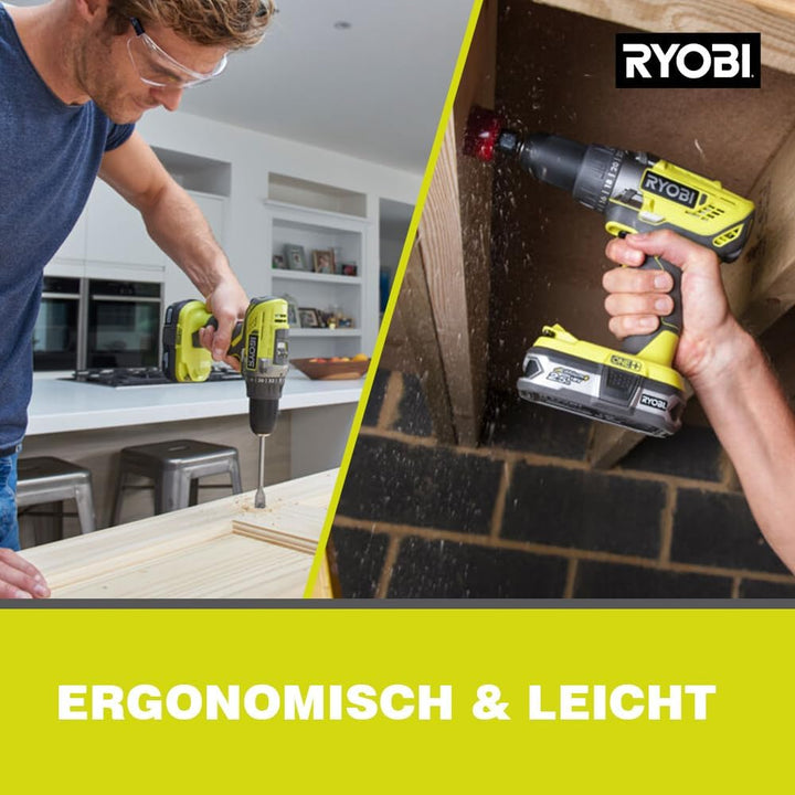 Ryobi, Akku-Bohrschrauber, 18 V, ONE+, 2 Geschwindigkeitsstufen, 50 Nm, Bohrfutter 13 mm, LED, 2 Akk