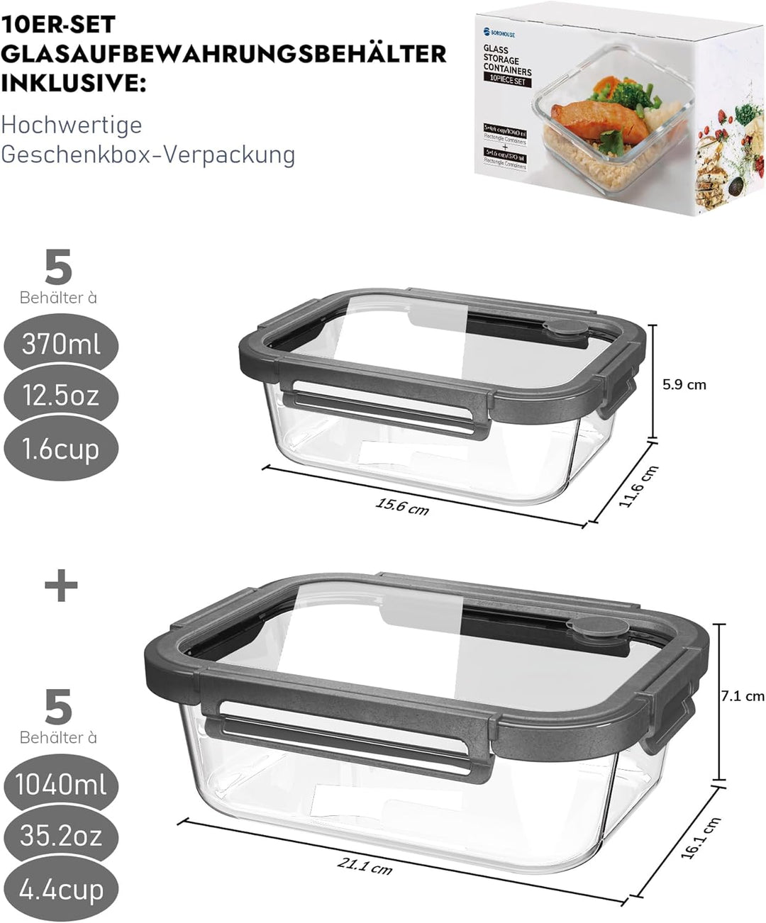 Glasbehälter mit Deckel, 10Stück – Luftdichte Frischhaltedosen für Meal Prep, Vorratsdosen für Küche