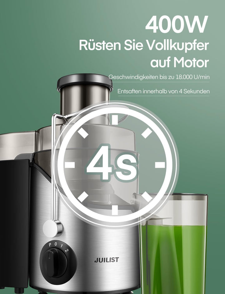 JUILIST Entsafter Gemüse und Obst, 65 mm Einfüllschacht, 3 Einstellungen, Mit Reinigungsbürste, Leic