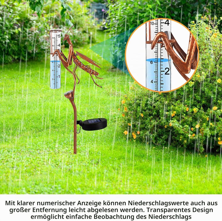 BORDEAG Solar Regenmesser für Garten mit Erdspiess und LED, Solarbetriebener Regenmesser, Dekorative