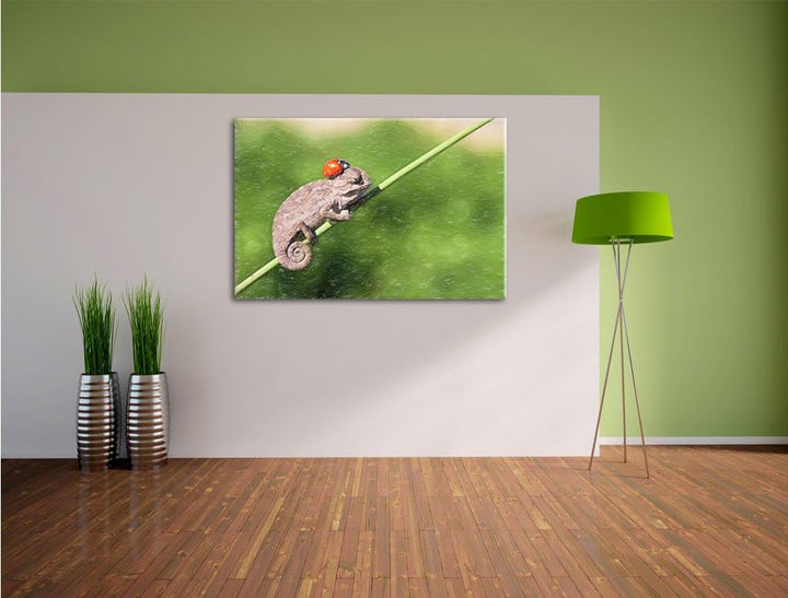 Pixxprint Süsser Gecko mit einem Marienkäfer als Leinwandbild/Grösse: 100x70 / Wandbild/Kunstdruck/f
