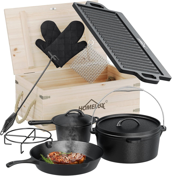 HOMELUX 10-teilig Dutch Oven Set in Holzkiste mit 4,5L Dutch Oven Topf &amp; 3,6L Saucier – Inkl. Grillp