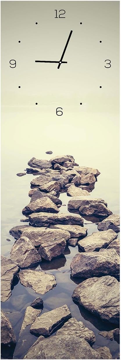 levandeo Wanduhr aus Glas 20x60cm Uhr als Glasbild Steine Meer Natur Dekoration