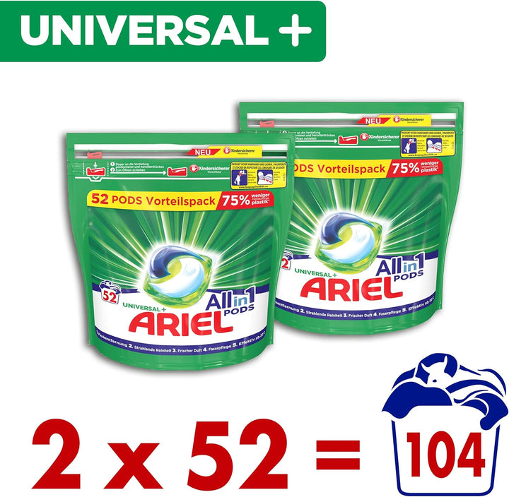 Ariel Waschmittel Pods All-in-1, 104 Waschladungen, Strahlend Rein, Umweltschonendes Waschen, 104 St
