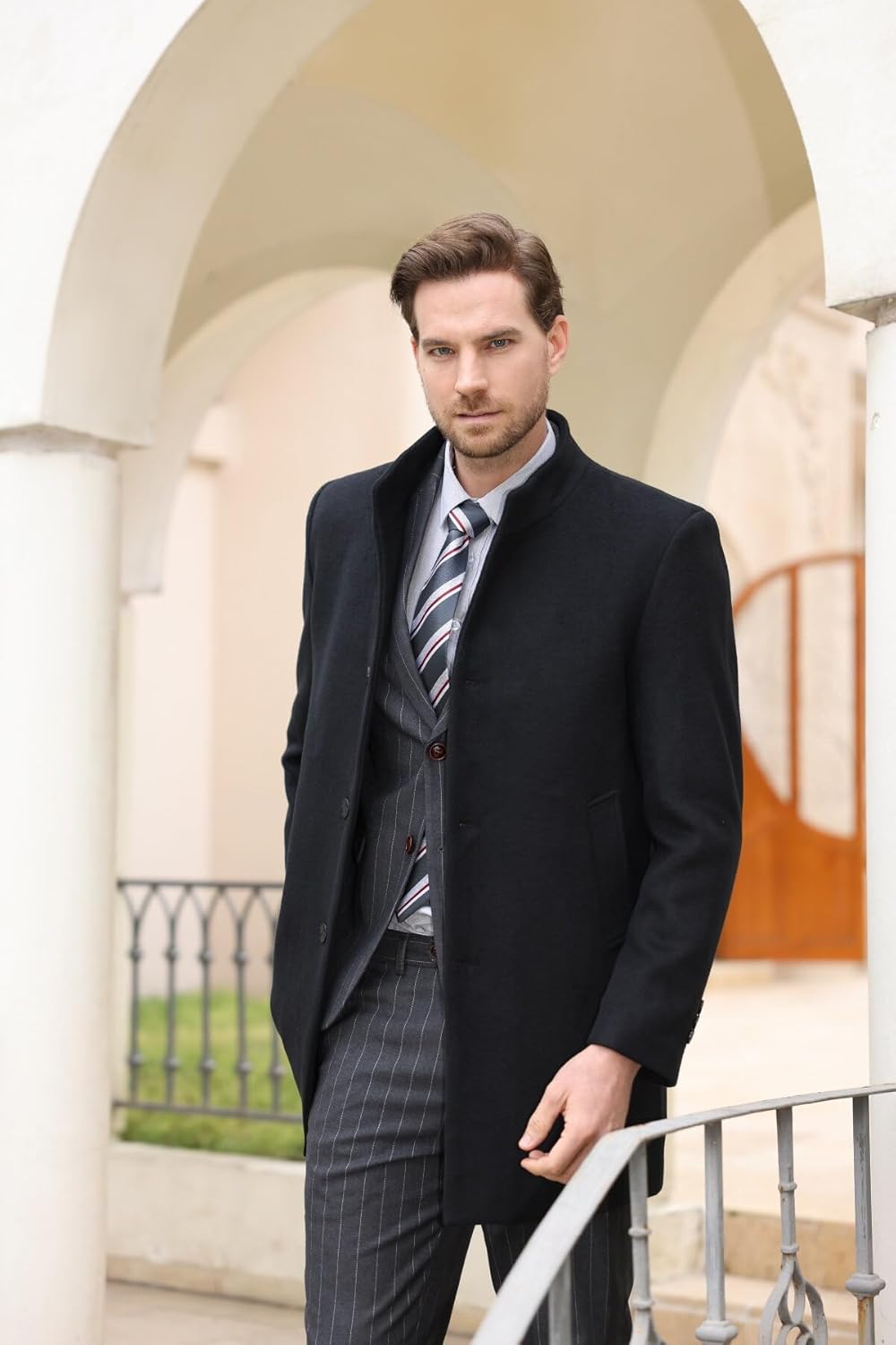 Allthemen Wintermantel Herren Mantel Slim Fit Lang Wollmantel Business Mantel mit Stehkragen Herren