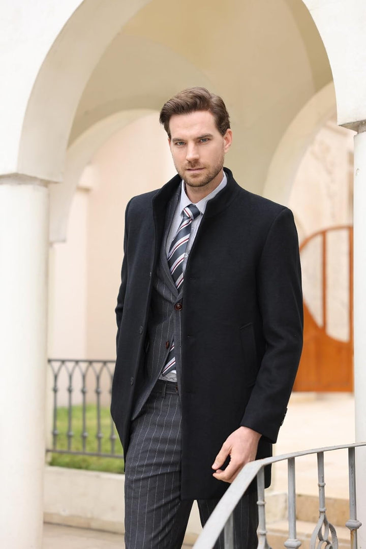 Allthemen Wintermantel Herren Mantel Slim Fit Lang Wollmantel Business Mantel mit Stehkragen Herren
