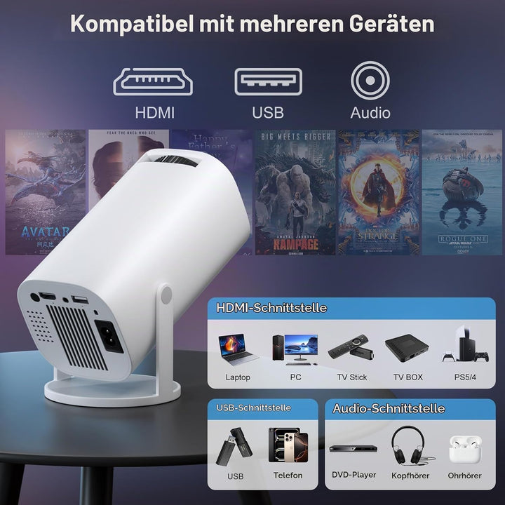 Mini Beamer 4K Full HD 1080P, Projektor Tragbarer mit WiFi 6 und Bluetooth 5.4, Beamer Klein Project