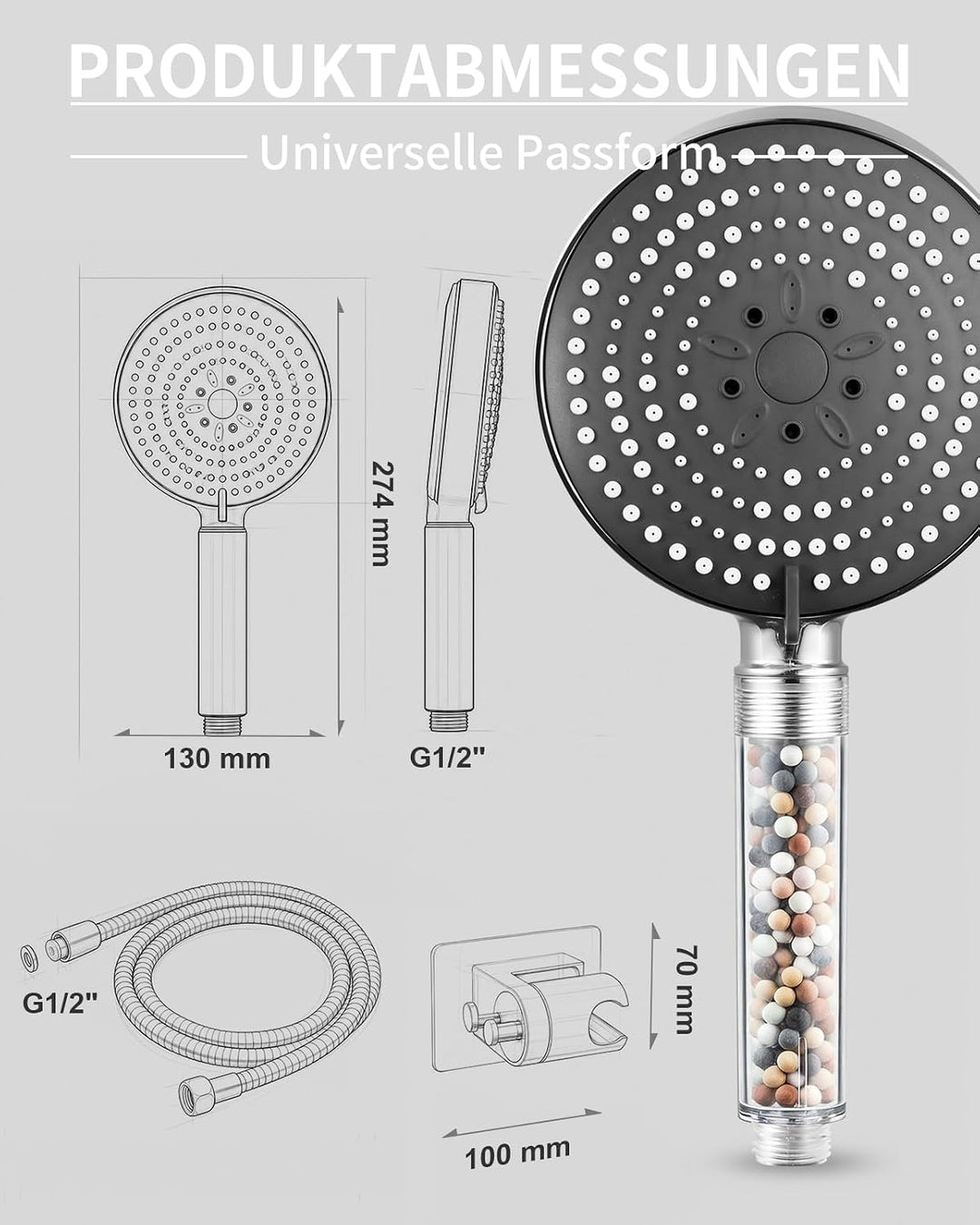 OFFO Filter Duschkopf mit Schlauch 1,6m und Halterung, Handbrause mit 6 Strahlarten, 13cm Duschkopf