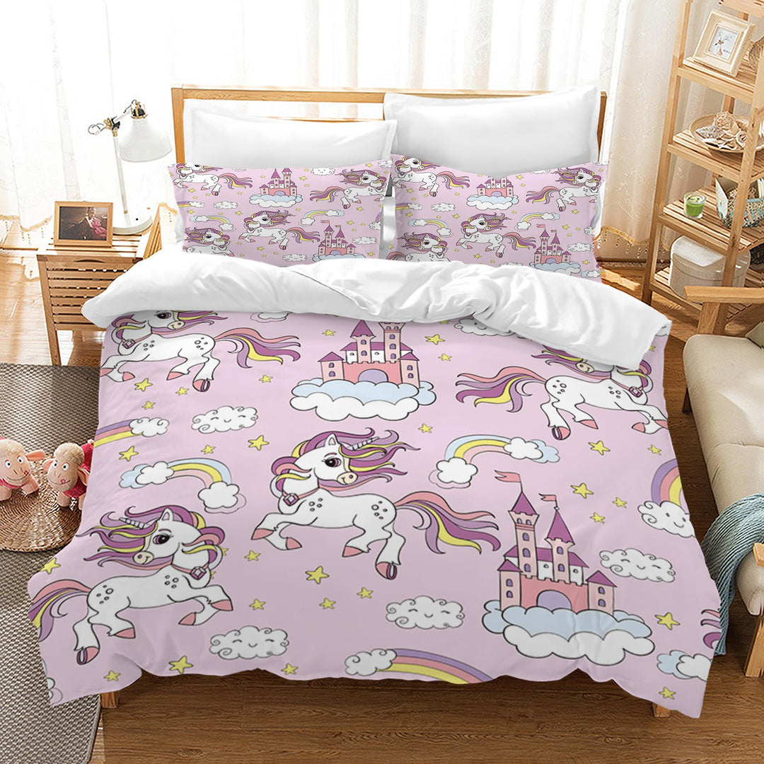 Hoimlm Einhorn Bettwäsche,Kinder Bettwäsche Set mit Bettbezug and 2 Kissenbezug,Cartoon Einhorn mikr