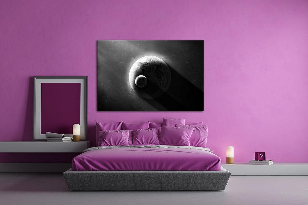 deyoli Dark Planet Erde mit Mond Effekt: Schwarz/Weiss Format: 80x60 als Leinwandbild, Motiv fertig