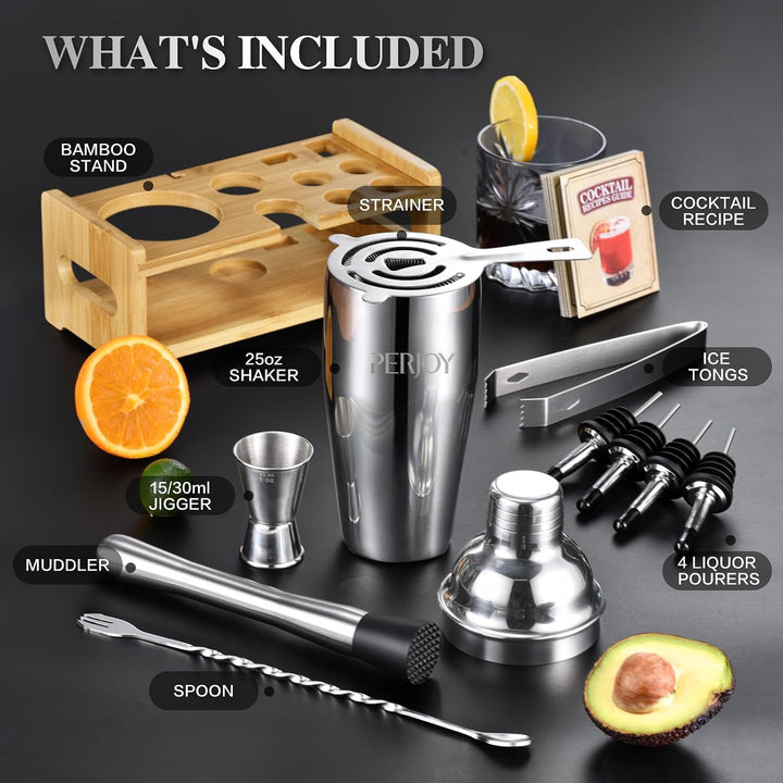 Perjoy 12pcs Cocktail Shaker mit Ständer, Rostfreie Stähle Cocktail Set Mit Doppelten Jigger, Einer