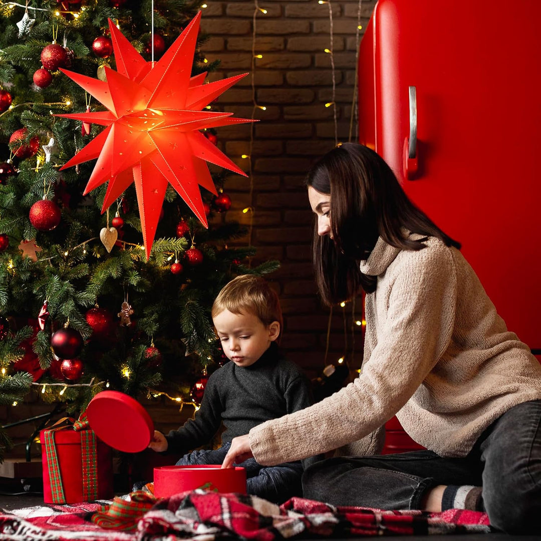 SUNBEAUTY Weihnachtsstern Beleuchtet Batterie mit Timer, 58CM Hängend Weihnachtsdeko Aussen Led Ster