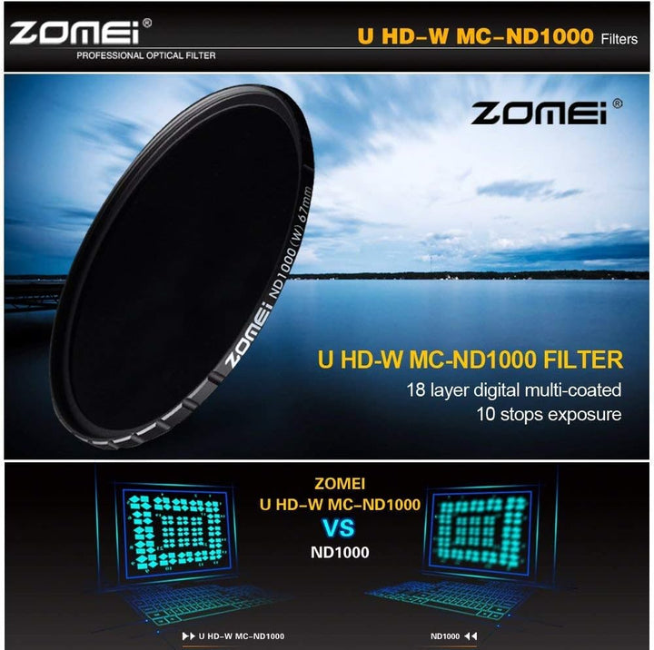 Zomei 58 mm Ultra Slim HD 18-lagiger, super mehrfachvergüteter Schott-Glas-PRO-Neutralgrau-ND1000-Li