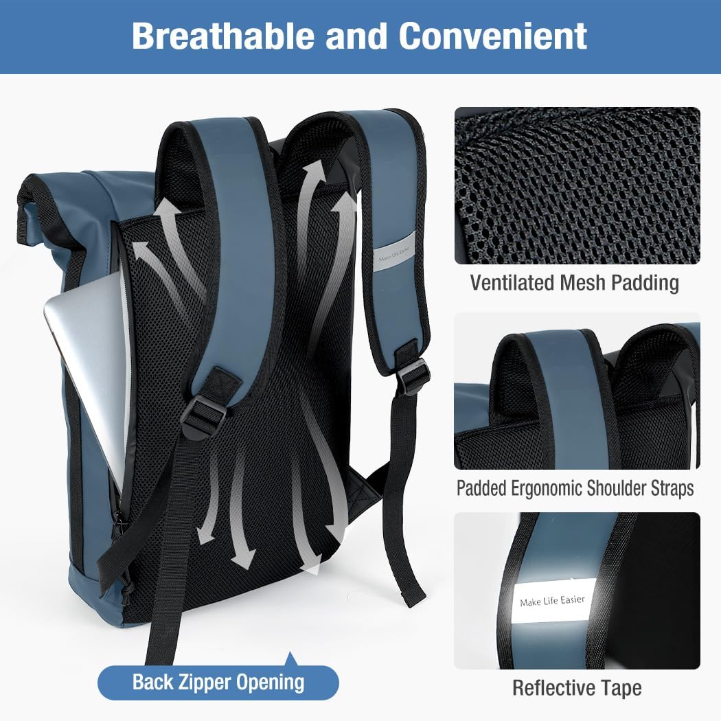 Lekeinchi Rolltop Rucksack Wasserdicht für Damen &amp; Herren, Grosser Laptop Rucksack mit Computerfach