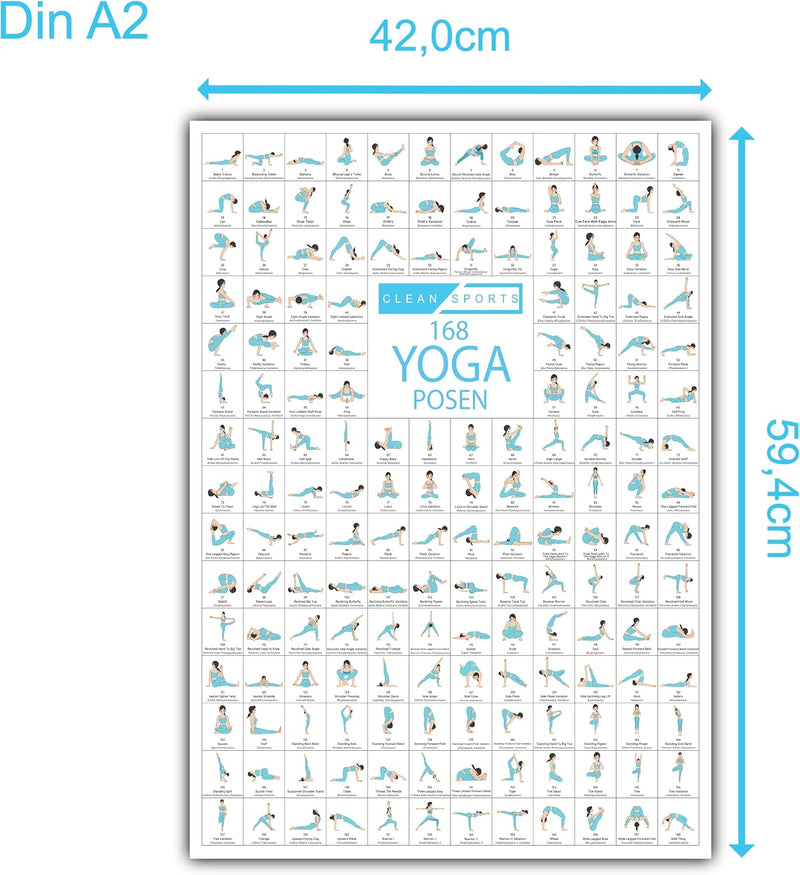 CLEAN SPORTS® Yoga Poster DIN A2 168 Posen und Asanas, Zubehör für Yoga-Studios und Zuhause, perfekt