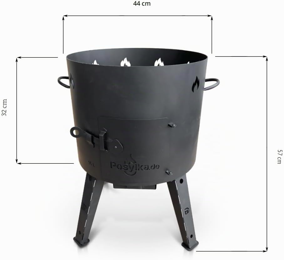 Utschak Feuerofen mit Gusseisen Topf flacher Boden mit Deckel 16 L Ø 44 cm Kazan Schaumlöffel für Pl