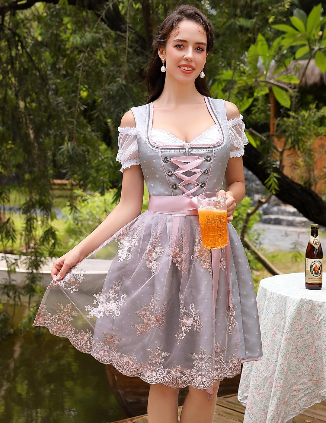 Clearlove Dirndl Damen Midi Trachtenkleid 3 Teilig inkl. Dirndl Kleid Dirndlschürze Dirndlbluse für