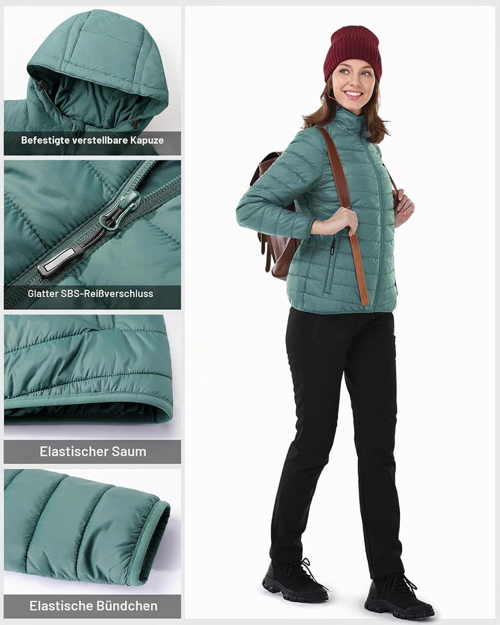 Outdoor Ventures Damen Steppjacke Leichte Packbare Übergangsjacke Warme Winterjacke mit Kapuze für F