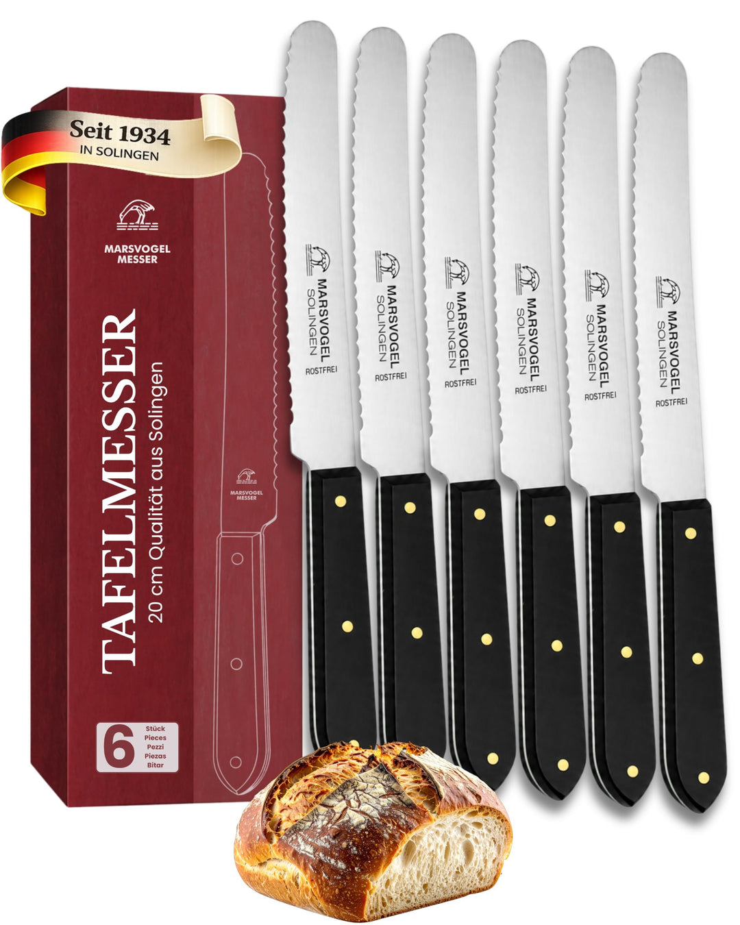 6 Stück Tafelmesser POM spitz Marsvogel Solingen Tischmesser Menümesser (6er Pack, Schwarz) 6er Pack