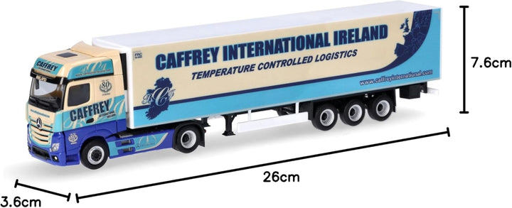 herpa LKW Modell Mercedes-Benz Actros 18 Bigspace Kühlkoffer-Sattelzug 80 Jahre Caffrey, Miniatur im