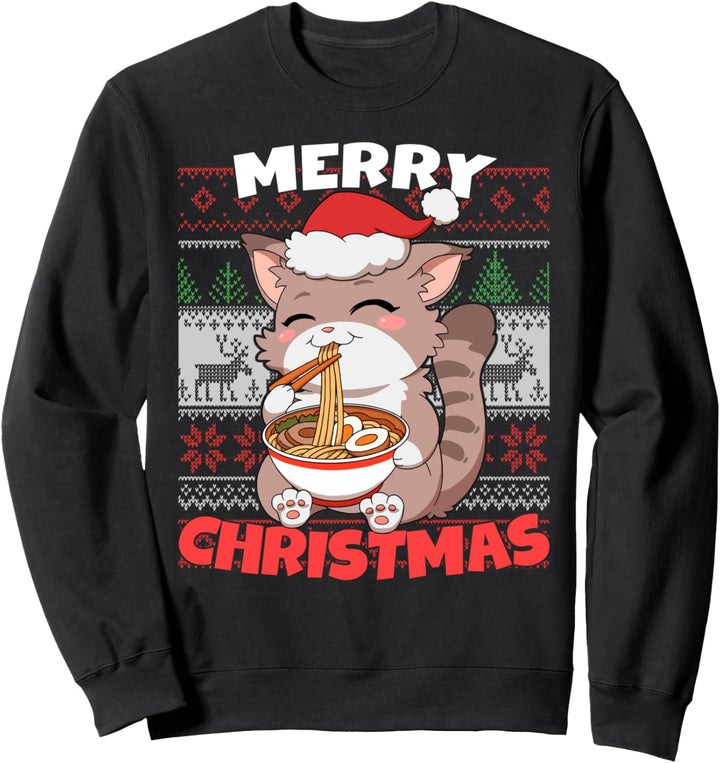 Lustige Anime Kawaii Katze Weihnachtsmann Mütze Ramen Ugly Merry Christmas Sweatshirt