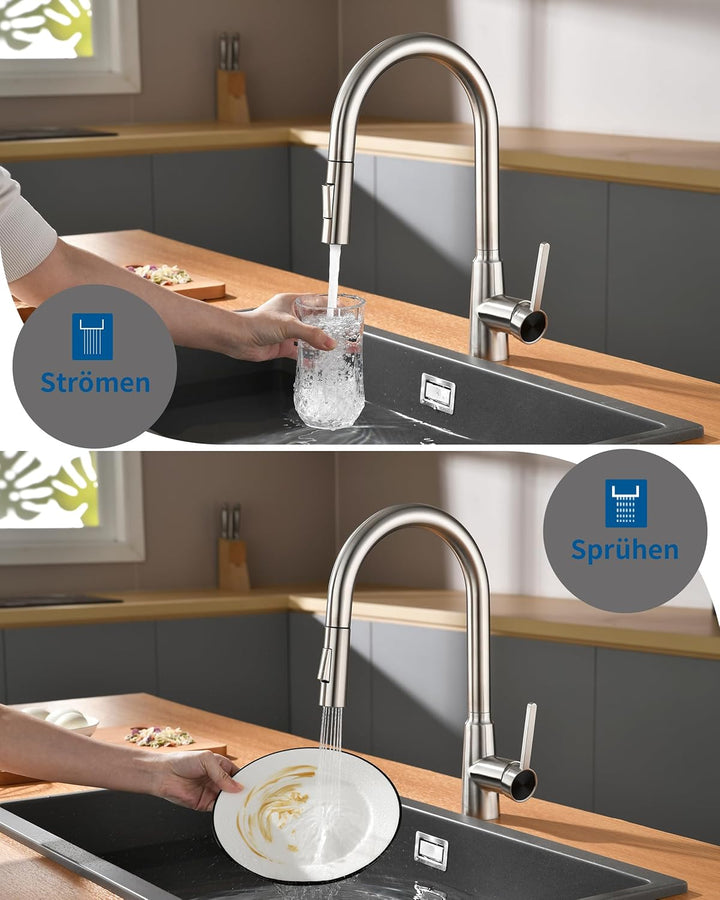 Wasserhahn Küche Ausziehbar, Hochdruck Küchenarmatu mit Herausziehbarer Brause Armatur, Mischbatteri