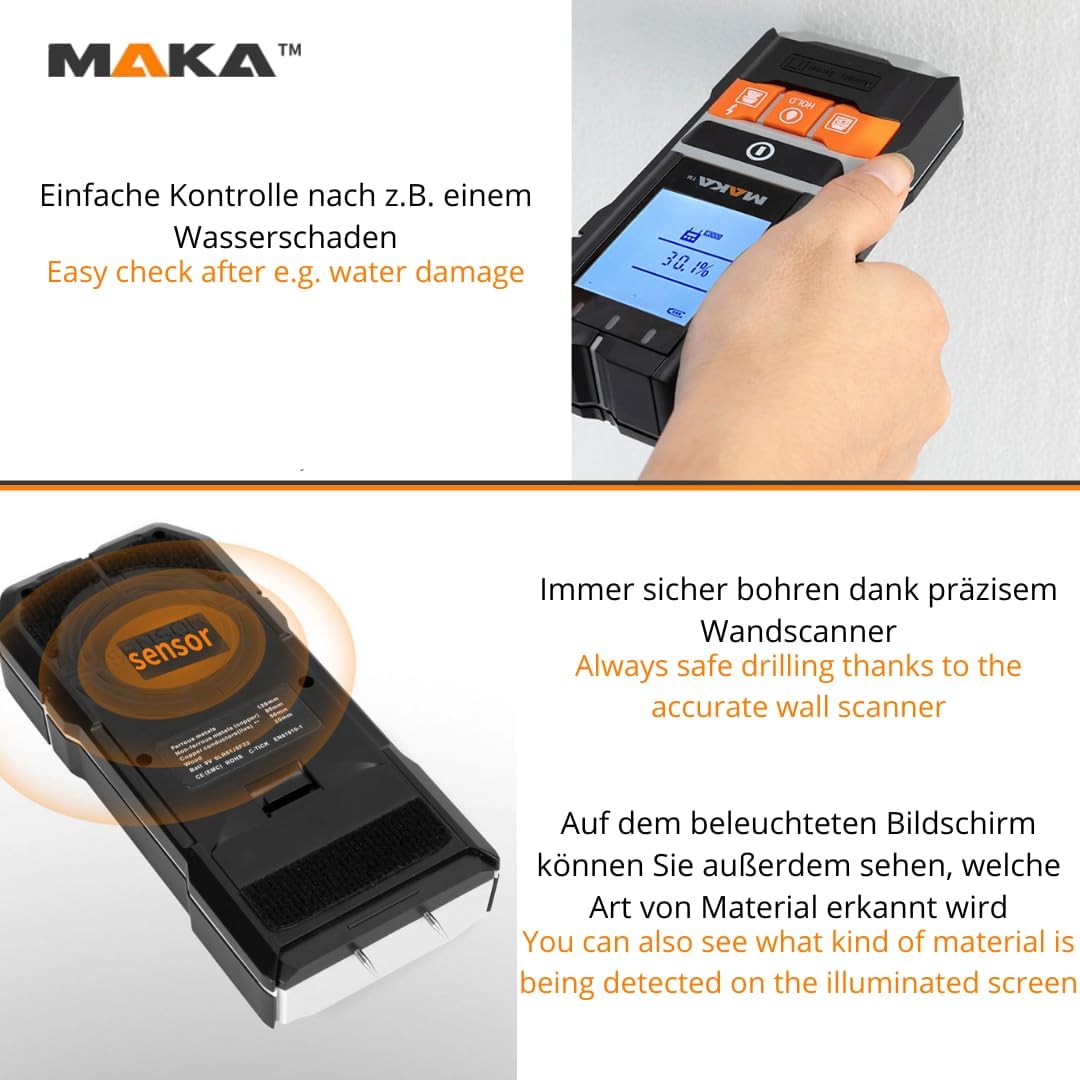 MAKA 5-in-1 Leitungsdetektor und Feuchtigkeitsmesser - Multifunktionaler Wandscanner-Detektor für Ho