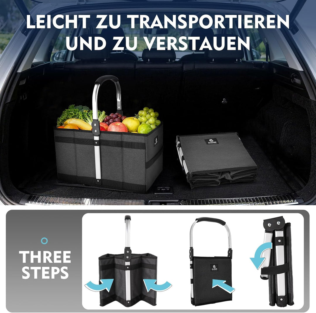 ALLCAMP 27L Einkaufskorb Faltbar | Verstärkter Boden & Alu-Griff | Stabil & Platzsparend für Kofferr