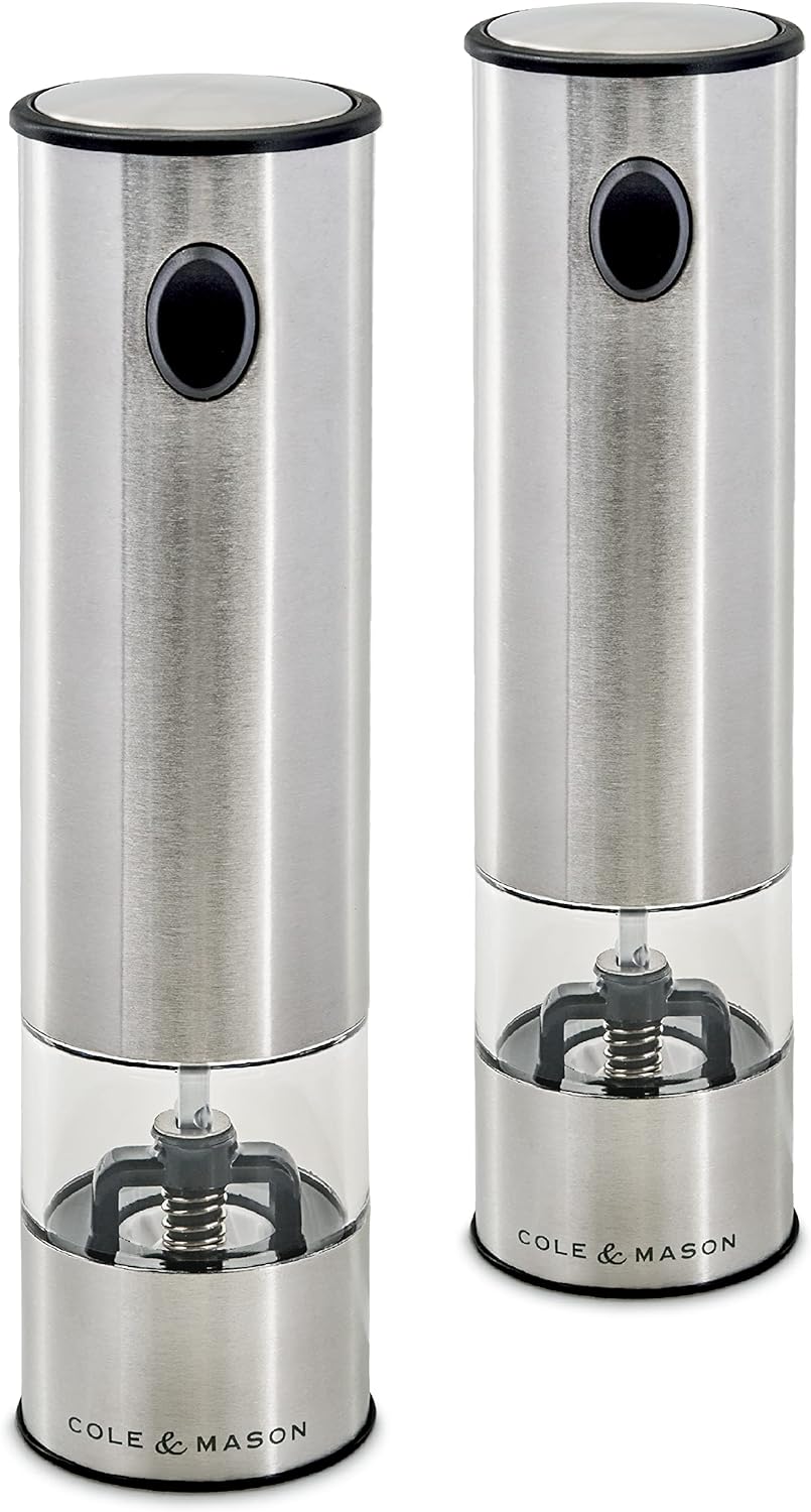 Cole & Mason H3004480 Battersea Elektrische Pfeffermühle / Salzmühle, 2er Set , Edelstahl / Acryl, 2