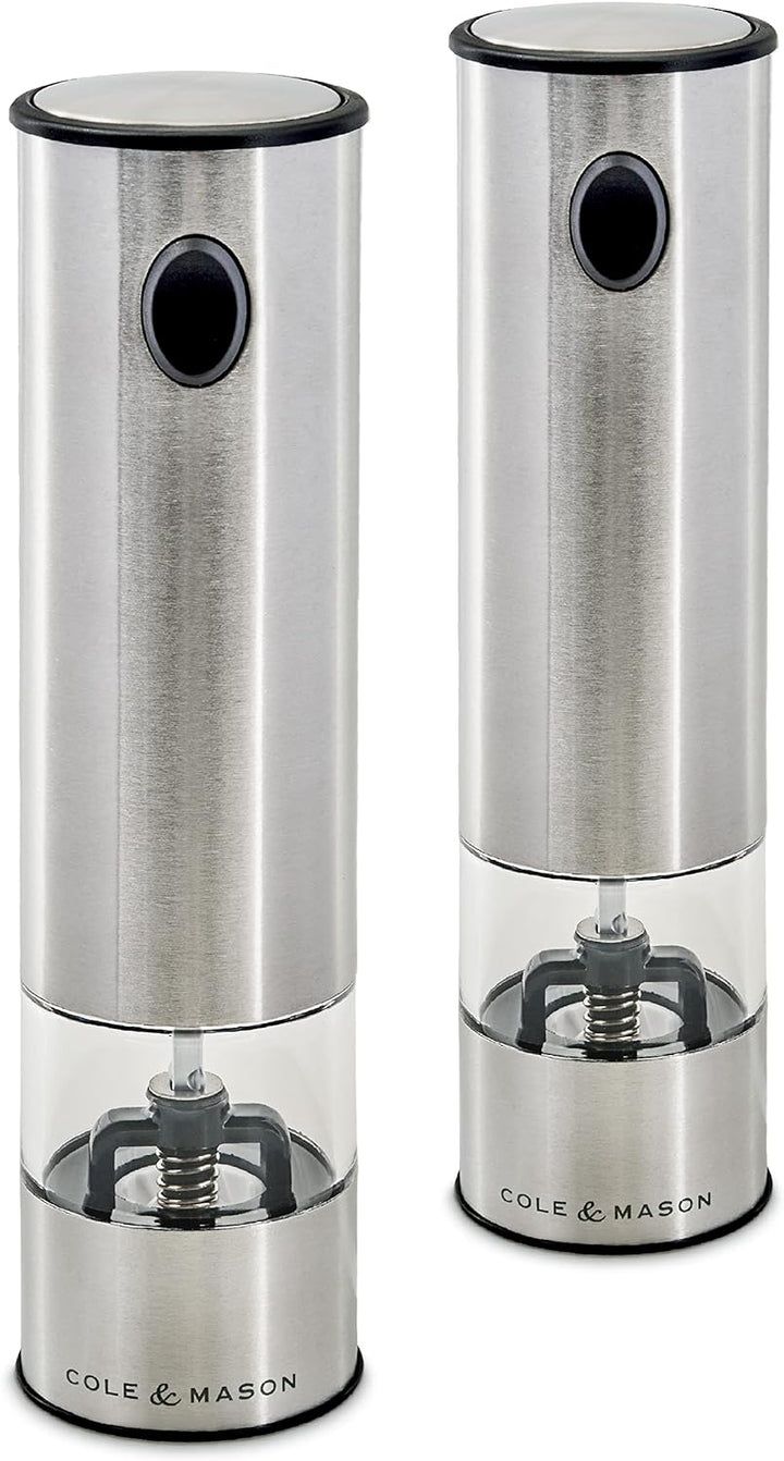 Cole & Mason H3004480 Battersea Elektrische Pfeffermühle / Salzmühle, 2er Set , Edelstahl / Acryl, 2