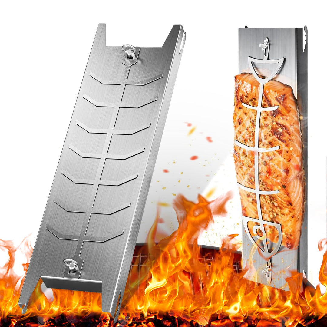 2er-Set Flammlachsbrett Edelstahl – 59×16 & 52×11,5 cm – verstellbare BBQ Halterung für Fisch & Flei