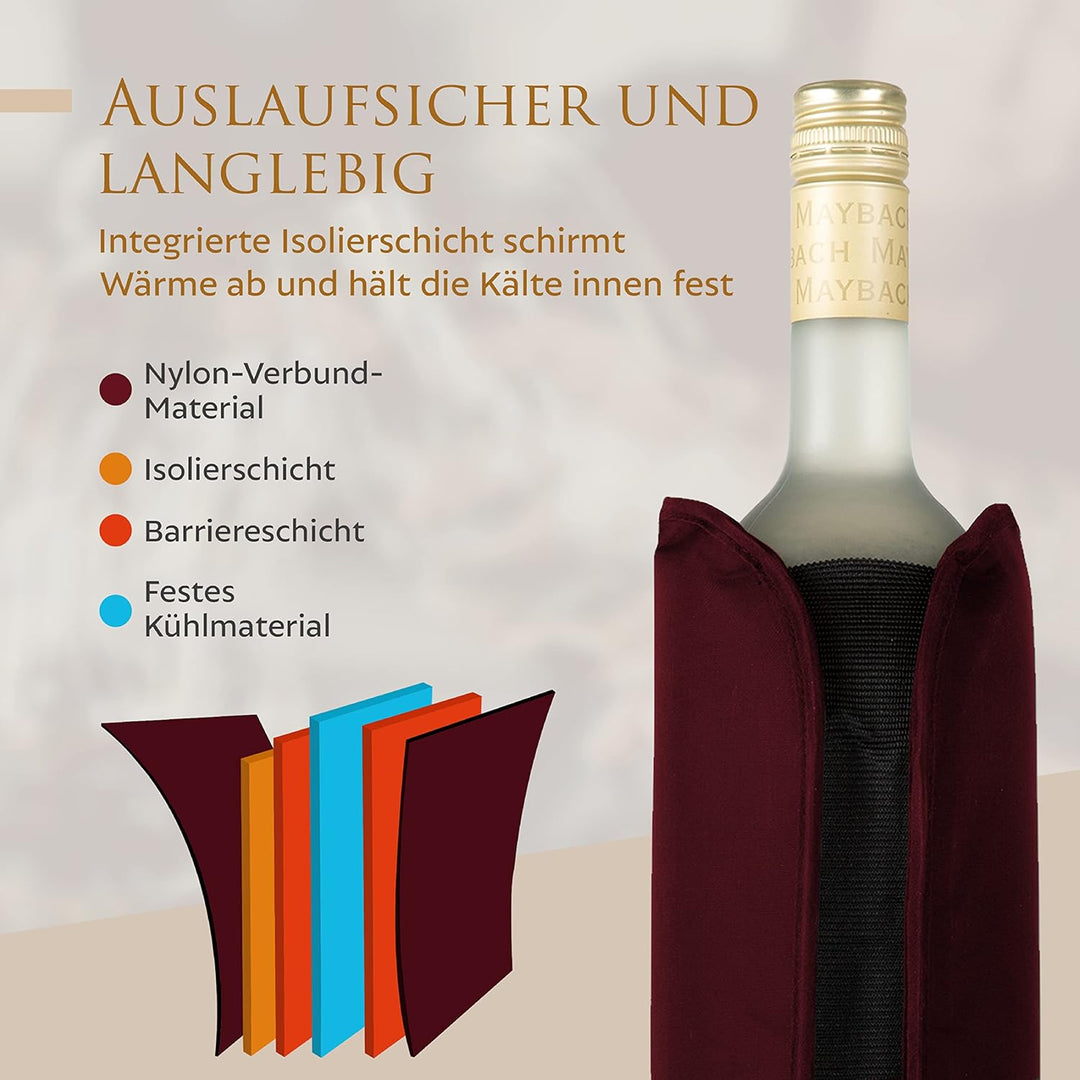 Kühlmanschette Wein mit Flaschensicherung, weinrote Flaschenkühler Manschette, Weinkühler Manschette