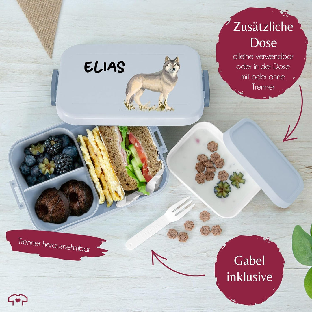 Kinder Bento Box Midi Lunchbox für Mepal Bentobox - Wolf mit Name personalisiert I Wolfsmotiv Gesche